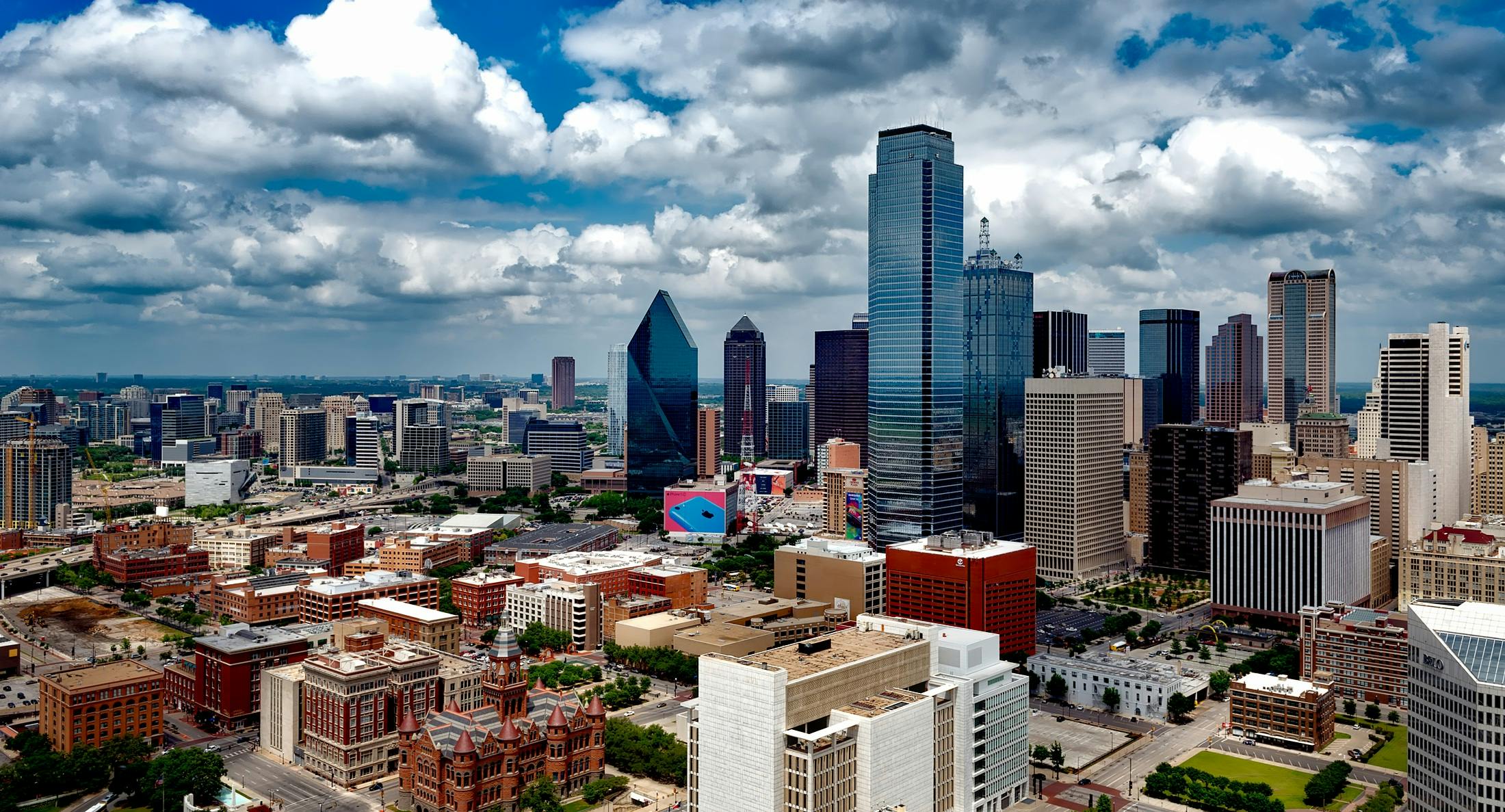 Dallas skyline with modern skyscrapers and dramatic sky